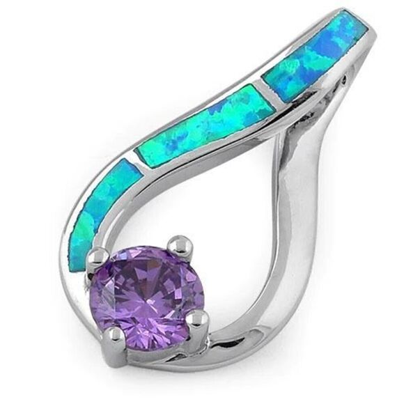 Twist Blue Opal & Round Cut Amethyst Sterling Silver Necklace Pendant New - Picture 1 of 3